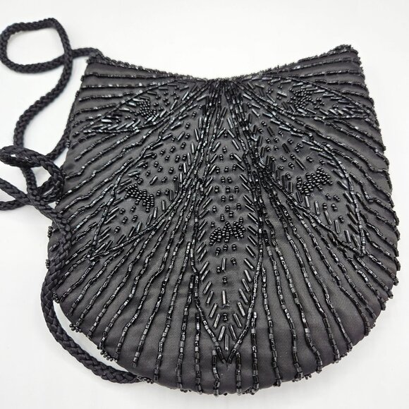 Vintage Black Beaded retro beaded black leaf zip closure evening clutch bag - Picture 4 of 4